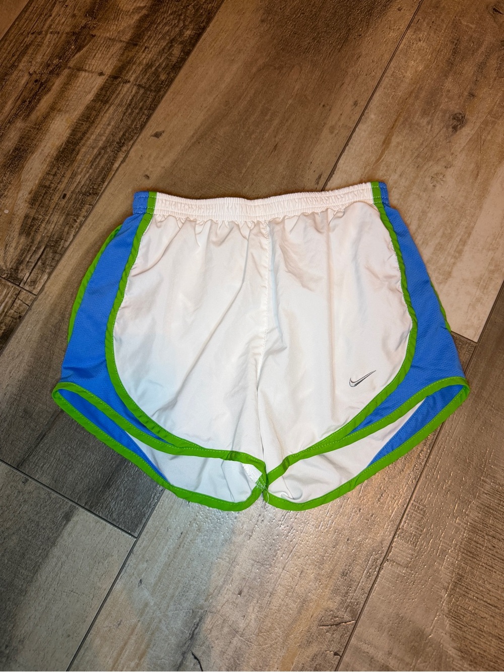 Nike Women’s White Running Shorts with Blue Panels & Green Trim